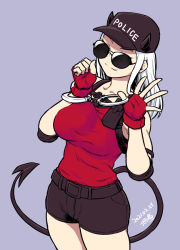 1girl, belt, breasts, cuffs, demon tail, fingerless gloves, gloves, handcuffs, hat, helltaker, justice (helltaker), long hair, looking at viewer, purple background, red gloves, shorts, simple background, smile, solo, sunglasses, tail, tank top, tinted eyewear, tsukudani (coke-buta), white hair
