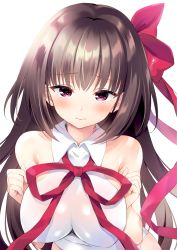 Rule 34 | 1girl, bare shoulders, blush, breasts, brown hair, closed mouth, embarrassed, fate/grand order, fate (series), hair ribbon, large breasts, long hair, looking at viewer, nanohana kohina, no eyewear, osakabehime (fate), pink eyes, red ribbon, ribbon, simple background, sleeveless, solo, upper body, white background