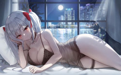 Rule 34 | 1girl, backlighting, bare arms, bare shoulders, biya (1024), black choker, black panties, bow, breasts, chemise, choker, cleavage, full moon, groin, hair bow, highres, indoors, large breasts, lingerie, long hair, looking at viewer, lying, moon, navel, night, on bed, on side, original, panties, pillow, red eyes, see-through, smile, solo, spaghetti strap, strap slip, string panties, thigh strap, thighs, twintails, underwear, underwear only, white hair, window, wristband