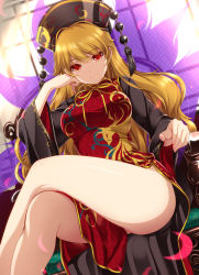 Rule 34 | 1girl, arm rest, bare legs, black dress, blonde hair, bow, bowtie, breasts, chair, china dress, chinese clothes, chinese hat, crescent moon print, crossed legs, dress, female focus, fingernails, hair ornament, hand on own cheek, hand on own face, hat, head rest, highres, junko (touhou), large breasts, legs, long hair, long sleeves, looking at viewer, mature female, monety, nail polish, pink nails, red eyes, sitting, smile, solo, table, thighs, touhou, very long hair, wide sleeves