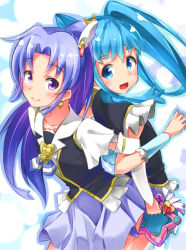 Rule 34 | 10s, 2girls, arm warmers, blue eyes, blue hair, blue skirt, blush, brooch, cure fortune, cure princess, earrings, fortune tambourine, frills, hair ornament, happinesscharge precure!, heart, heart brooch, heart hair ornament, hikawa iona, jewelry, kagomikan313, long hair, magical girl, multiple girls, necktie, precure, purple eyes, purple hair, purple skirt, shirayuki hime, skirt, smile, twintails, wide ponytail, wrist cuffs