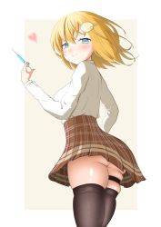 Rule 34 | 1girl, ass, blonde hair, blue eyes, blush, breasts, hair ornament, highres, hololive, hololive english, holomyth, looking at viewer, medium breasts, skirt, smile, solo, thighhighs, virtual youtuber, watson amelia