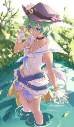 Rule 34 | 1girl, absurdres, bare shoulders, belt, black choker, blue belt, blue eyes, blue neckerchief, blush, branch, breasts, choker, cleavage, collarbone, day, fingerless gloves, flower, gloves, green hair, hair between eyes, hand up, hat, hat flower, highres, ion (rune factory), leaf, looking at viewer, medium breasts, navel, neckerchief, open mouth, outdoors, rune factory, rune factory 3, short hair, short ponytail, sleeveless, sleeveless jacket, smile, solo, standing, sweatdrop, valentine (02140314c), wading, water, white gloves