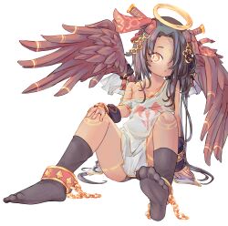 Rule 34 | 1girl, ankle cuffs, black hair, black socks, bodypaint, chaosexceed, collarbone, dark skin, detached sleeves, dot nose, facial mark, feathered wings, forehead, forehead mark, hair ornament, hair over one eye, halo, long hair, no shoes, off shoulder, original, socks, soles, strap slip, tan, tank top, toes, wings, yellow eyes