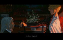 Rule 34 | 2boys, alternate costume, angry, blonde hair, blue eyes, buttons, candle, candlestand, cloud strife, collared shirt, earrings, english text, final fantasy, final fantasy vii, flower, formal, green eyes, grey hair, gun, handgun, highres, holding, holding gun, holding weapon, indoors, jacket, jewelry, katana, light smile, long hair, male focus, multiple boys, night, open clothes, open jacket, painting (object), parted lips, photo (object), picture frame, pointing gun, red jacket, rose, ry1115275908, scabbard, sephiroth, serious, sheath, shirt, short hair, smile, stud earrings, suit, suit jacket, sword, vase, wallpaper (object), weapon, white flower, white rose, white shirt