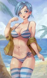 Rule 34 | 1girl, :d, bare shoulders, beach, bikini, blue eyes, blue hair, breasts, bulma, capsule corp, cleavage, dragon ball, dragon ball super, highres, jacket, jammeryx, navel, ocean, open mouth, palm tree, sand, short hair, smile, solo, standing, striped bikini, striped clothes, striped thighhighs, swimsuit, thighhighs, tree
