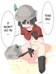 Rule 34 | 10s, 1boy, 1girl, bar censor, black hair, blue eyes, censored, clothes lift, cowgirl position, feathers, girl on top, gloves, hard-translated, hat, hetero, highres, imminent penetration, kaban (kemono friends), kemono friends, muchi maro, open mouth, pants around one leg, penis, precum, shirt lift, short hair, sketch, speech bubble, straddling, sweatdrop, thighhighs, third-party edit, torn clothes, torn hat, translated, uncensored, white background