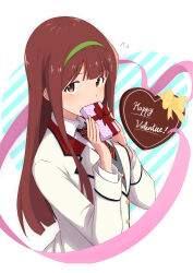 Rule 34 | 1girl, absurdres, blazer, blush, box, box of chocolates, brown eyes, brown hair, buttons, collared shirt, covering own mouth, dashimeshi, green hairband, hairband, hands up, happy valentine, heart-shaped box, highres, holding, holding box, idolmaster, idolmaster million live!, jacket, long bangs, long hair, long sleeves, looking at viewer, necktie, own hands together, pink ribbon, raised eyebrows, red necktie, ribbon, school uniform, shirt, solo, straight hair, striped necktie, tanaka kotoha, uniform series (idolmaster), upper body, white jacket, white shirt