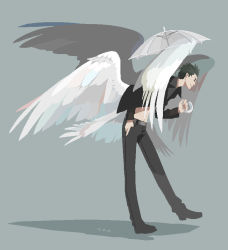 Rule 34 | 1boy, belt, black footwear, black jacket, black pants, closed mouth, collared jacket, dated, closed eyes, feathered wings, full body, green hair, grey background, grey belt, hand in pocket, holding, holding umbrella, honnomusi323, jacket, light smile, long sleeves, male focus, midriff, multiple wings, original, pants, pixel art, shadow, short hair, simple background, solo, standing, standing on one leg, thumb in pocket, transparent, transparent umbrella, umbrella, very short hair, white umbrella, white wings, wings