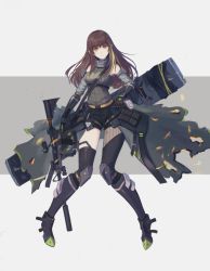 Rule 34 | 1girl, assault rifle, breasts, brown eyes, brown hair, elbow gloves, full body, girls&#039; frontline, gloves, gun, holding, holding weapon, long hair, looking at viewer, m4a1 (girls&#039; frontline), m4a1 (mod3) (girls&#039; frontline), medium breasts, mod3 (girls&#039; frontline), multicolored hair, remodel (girls frontline), ribbed shirt, rifle, shirt, sidelocks, sleeveless, sleeveless shirt, smile, solo, streaked hair, thighhighs, weapon, zwc1271750321