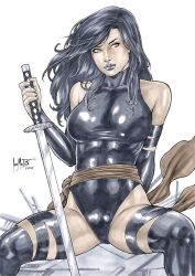 Rule 34 | 1girl, artist request, ass, black hair, breasts, curvy, highleg, highleg leotard, highres, holding, holding sword, holding weapon, impossible clothes, katana, large breasts, leotard, lips, long hair, looking at viewer, marvel, painting (medium), psylocke, revealing clothes, shiny clothes, shiny skin, simple background, sitting, solo, spread legs, sword, thighhighs, traditional media, watercolor (medium), weapon, x-men