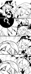 Rule 34 | !, 2girls, 4koma, = =, ?, apron, blush, bow, braid, check commentary, comic, commentary request, dress, closed eyes, frilled apron, frilled hat, frilled sleeves, frills, futa (nabezoko), greyscale, hat, hat bow, unworn hat, hat ribbon, head rest, headrest, unworn headwear, highres, holding, kawashiro nitori, kirisame marisa, long hair, maid apron, monochrome, multiple girls, open mouth, puffy short sleeves, puffy sleeves, ribbon, short sleeves, side braid, silent comic, single braid, skin fang, sleeping, solid oval eyes, spoken question mark, standing, sweat, sweatdrop, touhou, two side up, very long hair, wavy mouth, witch, witch hat, zzz, | |