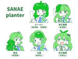 Rule 34 | 1girl, :d, antenna hair, blue bow, blue bowtie, blunt bangs, blush stickers, bow, bowtie, character name, character sheet, detached sleeves, female focus, frog hair ornament, gohei, green bow, green bowtie, green eyes, green hair, hair ornament, hair tubes, itatatata, kochiya sanae, leaf, multiple views, oonusa, open mouth, parody, pepper, sidelocks, smile, snake hair ornament, style parody, touhou, translation request, upper body, white background, yellow eyes, zun (style)