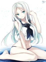 Rule 34 | 1girl, abyssal ship, aqua eyes, breasts, closed mouth, crop top, crop top overhang, kantai collection, long hair, looking at viewer, medium breasts, navel, one-hour drawing challenge, school uniform, serafuku, signature, sketch, smile, solo, ta-class battleship, toosaka asagi, white background, white hair