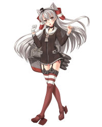 Rule 34 | 10s, 1girl, amatsukaze (kancolle), brown eyes, choker, dress, full body, garter straps, gloves, highres, hobenkei, kantai collection, long hair, looking at viewer, open mouth, personification, red thighhighs, rensouhou-kun, sailor dress, school uniform, serafuku, short dress, silver hair, simple background, single glove, striped clothes, striped thighhighs, thighhighs, white background, white gloves, zettai ryouiki