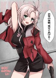 absurdres antenna_hair black_dress character_name commentary_request contrapposto cosplay cowboy_shot dated dress green_eyes grey_hair gun handgun highres jacket kantai_collection katsuragi_misato katsuragi_misato_(cosplay) kinugasa_(kancolle) kinugasa_kai_ni_(kancolle) kitahama_(siroimakeinu831) long_hair neon_genesis_evangelion one-hour_drawing_challenge red_jacket sleeveless sleeveless_dress translation_request twitter_username weapon