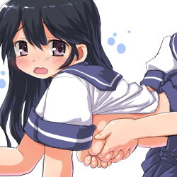 Rule 34 | 10s, 2girls, bent over, black hair, blush, grabbing another&#039;s breast, clothes lift, dd (ijigendd), deep skin, from behind, grabbing, grabbing from behind, kantai collection, long hair, looking at another, multiple girls, no bra, open mouth, pleated skirt, purple eyes, school uniform, serafuku, shirt lift, short sleeves, skirt, solo focus, tears, ushio (kancolle), wavy mouth, yuri