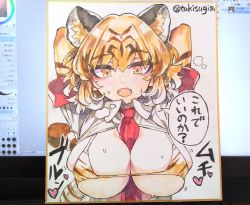 Rule 34 | 1girl, animal ears, arms behind back, arms up, bikini, breasts, cleavage, elbow gloves, fang, gloves, heart, highres, kemono friends, large breasts, marker (medium), micro bikini, necktie, open mouth, orange bikini, orange gloves, orange hair, red necktie, skin fang, solo, speech bubble, sweat, swimsuit, tiger (kemono friends), tiger ears, traditional media, translation request, tsukeo, twitter username