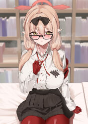 Rule 34 | 1girl, absurdres, black-framed eyewear, black hairband, black ribbon, black skirt, blue archive, blush, bocchi (kuropom7), breasts, chinatsu (blue archive), closed mouth, collared shirt, commentary request, glasses, gloves, hair ribbon, hairband, halo, hand up, highres, huge breasts, indoors, long sleeves, looking at viewer, looking over eyewear, low twintails, neck ribbon, pantyhose, pleated skirt, pointy ears, red gloves, red halo, red pantyhose, red ribbon, ribbon, shirt, shirt tucked in, sitting, skirt, solo, twintails, white shirt, yellow eyes