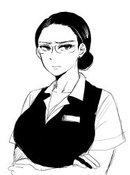 Rule 34 | &gt;:|, 1girl, :|, bad id, bad twitter id, black hair, breasts, closed mouth, collarbone, crossed arms, ear piercing, frown, glasses, greyscale, highres, large breasts, looking at viewer, monochrome, name tag, nikaidou kou, original, piercing, simple background, sketch, solo, upper body, v-shaped eyebrows, white background