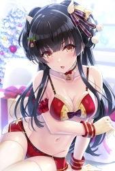 Rule 34 | 1girl, bare shoulders, bell, bikini, black bow, black choker, black hair, blush, bow, bow bikini, breasts, brown eyes, choker, christmas present, christmas tree, cleavage, collarbone, commentary request, fang, frilled choker, frills, fur-trimmed bikini, fur trim, gift, hair ornament, hair ribbon, highres, holly hair ornament, idolmaster, idolmaster shiny colors, long hair, looking at viewer, mayuzumi fuyuko, medium breasts, navel, neck bell, open mouth, purple ribbon, red bikini, revision, ribbon, skin fang, solo, swimsuit, two side up, urabi (tomatohouse), wing hair ornament, wristband