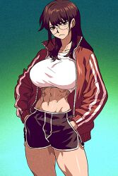 Rule 34 | 1girl, abs, brown hair, frown, glasses, hands in pockets, jacket, long hair, midriff, open clothes, open jacket, original, round eyewear, shorts, solo, spoiledmuffin, standing, track jacket