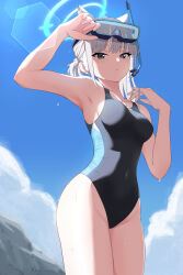 Rule 34 | 1girl, absurdres, animal ear fluff, animal ears, anime coloring, black one-piece swimsuit, blue archive, blue eyes, blue sky, breasts, cloud, commentary, competition swimsuit, covered navel, cross hair ornament, day, diving mask, diving mask on head, extra ears, goggles, goggles on head, grey hair, hair ornament, halo, highres, looking at viewer, low ponytail, medium breasts, medium hair, mismatched pupils, multicolored clothes, multicolored swimsuit, official alternate costume, one-piece swimsuit, outdoors, rock, shiroko (blue archive), shiroko (swimsuit) (blue archive), sky, snorkel, solo, standing, swimsuit, wolf ears, yuuri 99530
