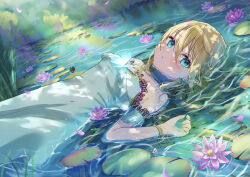 Rule 34 | 1girl, absurdres, blonde hair, blue eyes, blush, dress, grass, halter dress, halterneck, highres, in water, light rays, lily pad, long hair, looking at viewer, lying, on back, original, outdoors, parted lips, shinzousan, solo, sunlight, water, water lily flower