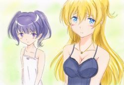 Rule 34 | 2girls, blonde hair, blue eyes, blue hair, blush, breasts, cleavage, collarbone, green background, highres, large breasts, multiple girls, nightgown, potekite, purple eyes, regalia the three sacred stars, rena asteria, simple background, small breasts, two-tone background, white background, yuinshiel asteria