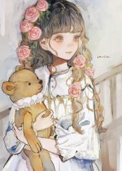 Rule 34 | 1girl, blush, brown eyes, brown hair, commentary request, dress, flower, hair flower, hair ornament, highres, holding, holding stuffed toy, looking to the side, orie h, original, pink flower, pink rose, rose, smile, solo, stuffed animal, stuffed toy, teddy bear, upper body, white dress