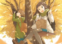 Rule 34 | 1boy, 1girl, :d, ankle boots, apple, autumn leaves, backpack, bag, boots, brown hair, camera, commentary request, dappled sunlight, food, fruit, green eyes, green scarf, hood, hoodie, jacket, kana (okitasougo222), looking at viewer, open mouth, original, pantyhose, paper bag, rope, scarf, shopping bag, short hair, smile, sunlight, swing, swinging, taking picture, tree