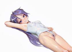 Rule 34 | 1girl, absurdres, arm up, bar censor, blue eyes, blue hair, censored, female pubic hair, grin, highres, hiiragi kagami, looking at viewer, lucky star, lying, on back, one-piece swimsuit, presenting, pubic hair, pussy, smile, solo, sweetonedollar, swimsuit, teeth, white one-piece swimsuit