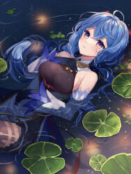 Rule 34 | 1girl, absurdres, ahoge, bare shoulders, bell, black gloves, black pantyhose, blue hair, blush, breasts, detached sleeves, ganyu (genshin impact), genshin impact, gloves, gold trim, hand on own chest, highres, horns, lily pad, long hair, looking at viewer, lying, medium breasts, neck bell, night, on back, ougi (u to4410), pantyhose, parted lips, partially submerged, purple eyes, reflection, sidelocks, solo, thighlet, white sleeves