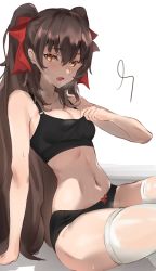 Rule 34 | 1girl, :o, bare arms, bare shoulders, black bra, black panties, blush, bow, bow panties, bra, breasts, brown eyes, brown hair, cleavage, collarbone, girls&#039; frontline, hair bow, long hair, looking at viewer, medium breasts, navel, open mouth, panties, red bow, sabashi, simple background, sitting, solo, stomach, sweat, thighhighs, twintails, type 97 (girls&#039; frontline), underwear, underwear only, very long hair, white background, white thighhighs