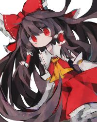 Rule 34 | 1girl, alternate hair length, alternate hairstyle, bow, brown hair, detached sleeves, hair bow, hair tubes, hakurei reimu, highres, long hair, looking at viewer, red bow, red eyes, red shirt, red skirt, shirt, simple background, skirt, solo, soresaki, touhou, upper body, very long hair, white background, wide sleeves, yellow neckwear