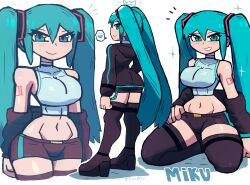 Rule 34 | 1girl, absurdres, artist name, ass, breasts, green eyes, green hair, grin, hand on own hip, hatsune miku, highres, large breasts, legs, long hair, looking at viewer, midriff, multiple views, navel, shorts, sitting, smile, thick thighs, thighs, tony welt, twintails, vocaloid, wide hips