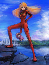 Rule 34 | 1girl, absurdres, blue eyes, bodysuit, bracer, breasts, building, cityscape, cloud, day, doll, floating hair, full body, gloves, hair ornament, hand on own hip, highres, hill, hip focus, holding, igau, knee up, legs apart, long hair, long legs, looking to the side, neon genesis evangelion, orange hair, outdoors, pilot suit, plugsuit, rock, skinny, sky, skyscraper, small breasts, smile, solo, souryuu asuka langley, standing, turtleneck, water