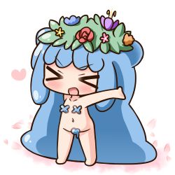 Rule 34 | &gt; &lt;, 1girl, :d, arm up, barefoot, blue flower, blue hair, blush, chibi, closed eyes, collarbone, commentary request, convenient censoring, double bun, facing viewer, flower, full body, groin, hair bun, half slime-chan, hana kazari, heart, long hair, monster girl, navel, nude, open mouth, original, outstretched arm, petals, purple flower, red flower, red rose, rose, slime girl, smile, solo, standing, very long hair, white background, xd, yellow flower