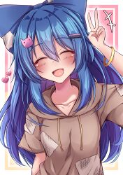 Rule 34 | 1girl, absurdres, blue bow, blue hair, blush, bow, bracelet, closed eyes, commentary request, hair between eyes, hair bow, hair ornament, hairpin, heart, highres, hood, hoodie, jewelry, long hair, open mouth, short sleeves, siw0n, smile, solo, touhou, upper body, v, yorigami shion