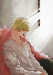 Rule 34 | 1boy, blonde hair, blurry, closed eyes, collarbone, depth of field, donquixote rocinante, feather boa, highres, light particles, long sleeves, male focus, one piece, parted lips, shirt, short hair, signature, sitting, solo, sub 45, sunlight, white shirt