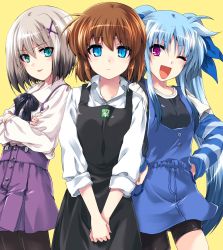 Rule 34 | 3girls, apron, aqua eyes, beige shirt, black hair, blue eyes, blue skirt, brown hair, collared shirt, crossed arms, expressionless, gradient hair, grey hair, hands on own hips, highres, kuroi mimei, long hair, looking at viewer, lyrical nanoha, mahou shoujo lyrical nanoha, mahou shoujo lyrical nanoha a&#039;s, mahou shoujo lyrical nanoha a&#039;s portable: the battle of aces, lord dearche, levi the slasher, stern the destructor, multicolored hair, multiple girls, one eye closed, open mouth, own hands together, purple eyes, purple skirt, shirt, shirt tucked in, short hair, skirt, smile, suspender skirt, suspenders, twintails, v-shaped eyebrows, very long hair, white shirt