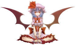 Rule 34 | 1g no izumi, 1girl, :o, bare shoulders, bat wings, blue hair, female focus, full body, hands on feet, hat, indian style, low wings, mary janes, red eyes, remilia scarlet, ribbon, shoes, short hair, simple background, sitting, slit pupils, solo, touhou, utakata (kochou no yume), wings, wrist cuffs, wrist ribbon