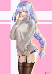 Rule 34 | 1girl, alternate costume, ass, black thighhighs, braid, casual, commentary request, contemporary, garter straps, genshin impact, green eyes, grey hair, highres, linreplica, long hair, long sleeves, looking at viewer, low-tied long hair, low ponytail, parted bangs, pleated skirt, shenhe (genshin impact), sidelocks, simple background, single braid, skirt, solo, sweater, thighhighs, turtleneck, turtleneck sweater