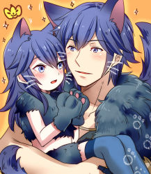 Rule 34 | 1boy, 1girl, ameno (a meno0), animal ears, animal hands, bad id, bad pixiv id, black gloves, blue hair, blue thighhighs, carrying, child, chrom (fire emblem), crop top, father and daughter, fire emblem, fire emblem awakening, fur trim, gloves, halloween, halloween costume, long hair, lucina (fire emblem), midriff, nintendo, orange background, panther ears, panther tail, paw gloves, stomach, thighhighs, wolf ears