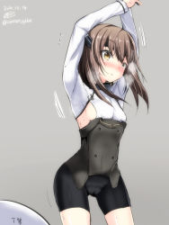 Rule 34 | 10s, 1girl, arms up, bike shorts, blush, brown hair, cameltoe, dated, exercising, flat chest, flying sweatdrops, gin&#039;ichi (akacia), grey background, headgear, heavy breathing, highres, kantai collection, long hair, no panties, signature, solo, sweatdrop, taihou (kancolle), twitter username, yellow eyes