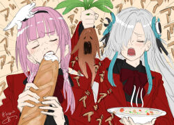Rule 34 | 2girls, alternate costume, arm up, baguette, black hairband, black shirt, blazer, blue flower, blue hair, blush, bow, bowl, bowtie, bread, closed eyes, collared shirt, commentary request, doodle inset, eating, facing viewer, flower, food, furrowed brow, grey hair, hair flower, hair ornament, hair over one eye, hair over shoulder, hairband, holding, holding bowl, holding food, isekai joucho, isshiki (ffmania7), jacket, kaf (kamitsubaki studio), kamitsubaki studio, long hair, low twintails, mandragora, matching outfits, multicolored hair, multiple girls, open mouth, pink hair, red bow, red bowtie, red jacket, screaming, shirt, side-by-side, sketch, soup, streaked hair, twintails, upper body
