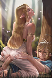 Rule 34 | 1boy, 1girl, anus, armlet, artist name, ass grab, blonde hair, blush, clothed sex, cowgirl position, crotch cutout, dress, closed eyes, eyeshadow, girl on top, grass, hetero, highres, hoo bamon, light rays, link, lipgloss, lips, long hair, makeup, mascara, nintendo, on ground, outdoors, parted lips, patreon username, penis, pointy ears, princess zelda, pussy, realistic, sex, straddling, strapless, strapless dress, text focus, the legend of zelda, the legend of zelda: breath of the wild, torn clothes, torn dress, tree, uncensored, vaginal, watermark, web address