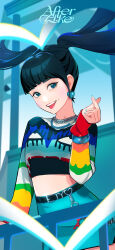 Rule 34 | 1girl, absurdres, after like (ive), animification, belt, black belt, black hair, blue eyes, blue skirt, cropped shirt, dimple, earrings, finger heart, floating hair, hair behind ear, heart, heart earrings, highres, ive (group), jewelry, k-pop, liz (ive), long hair, making-of available, midriff peek, pencil skirt, print shirt, real life, shirt, skirt, smile, solo, song name, tongue, tongue out, twintails, yeoneotail