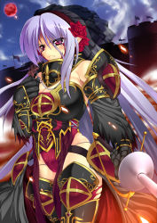 Rule 34 | 1girl, armor, bare shoulders, blush, breasts, cameltoe, cleavage, curvy, dark knight, fang, female focus, flower, frown, highres, large breasts, light purple hair, long hair, pointy ears, red eyes, rei shabu, rose, solo, sword, thick thighs, thighs, veil, very long hair, weapon, wide hips