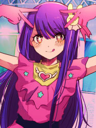 Rule 34 | 1girl, arms up, blush, closed mouth, commentary request, dress, gloves, hair ornament, heart, hoshino ai&#039;s pose, hoshino ai (oshi no ko), long hair, looking at viewer, mashiro (gjer4484), oshi no ko, pink dress, pink gloves, purple hair, rabbit hair ornament, red eyes, smile, solo, stage, star-shaped pupils, star (symbol), symbol-shaped pupils, tongue, tongue out, upper body, very long hair